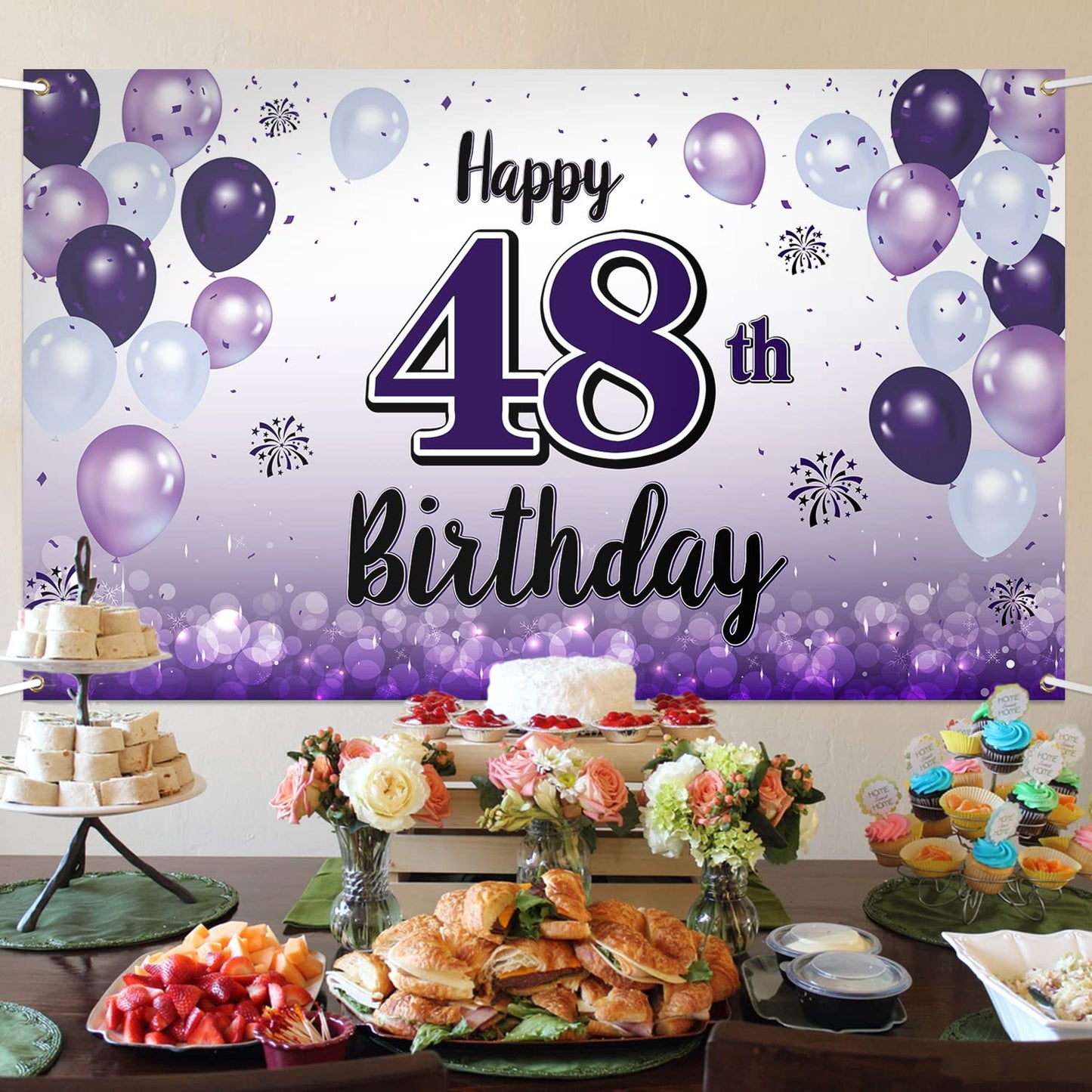 LASKYER Happy 48th Birthday Decorations,48th Purple Balloon Large Birthday Banner Backdrop Sign,48 Years Old Bday Party Supplies