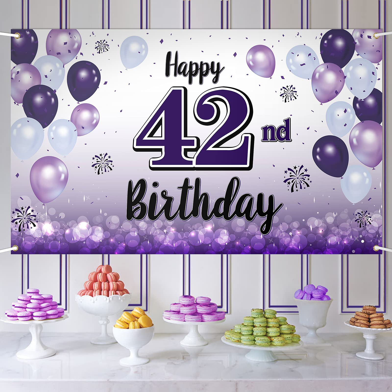 LASKYER Happy 42nd Birthday Decorations,42nd Purple Balloon Large Birthday Banner Backdrop Sign,42 Years Old Bday Party Supplies