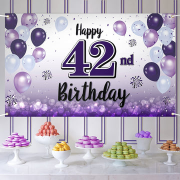 LASKYER Happy 42nd Birthday Decorations,42nd Purple Balloon Large Birthday Banner Backdrop Sign,42 Years Old Bday Party Supplies