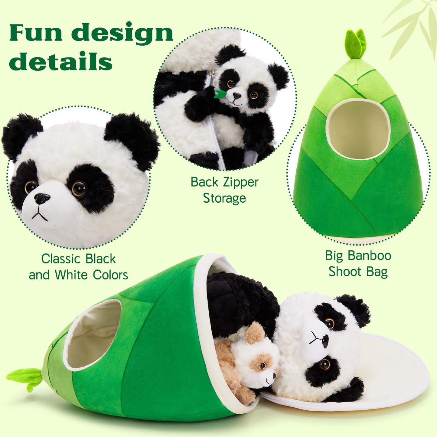 Tezituor Panda Stuffed Animal Set - 5-in-1 Plush Toy with Bamboo Hut, 10.6" White Polyester, Realistic Big Panda & 3 Babies