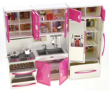 PowerTRC Doll Kitchen Play Set, Mini Modern Toy Kitchen Pretend Play Furnitures Toy Set Accessories Set with Realistic Light & S