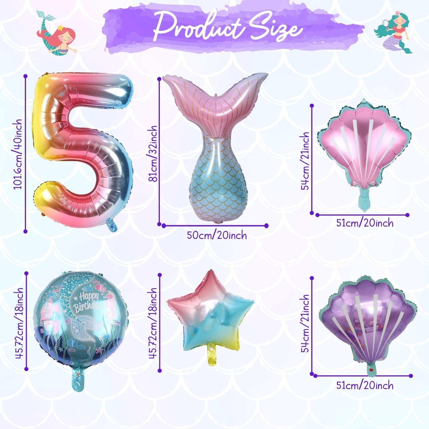 Mermaid 5Th Birthday Decorations, 8Pcs Mermaid Birthday Decorations Balloons, 40 Inch Rainbow Number 5 Balloon, Large Helium Foil Mermaid Tail Balloon, Seashell Balloons For Mermaid Party Supplies