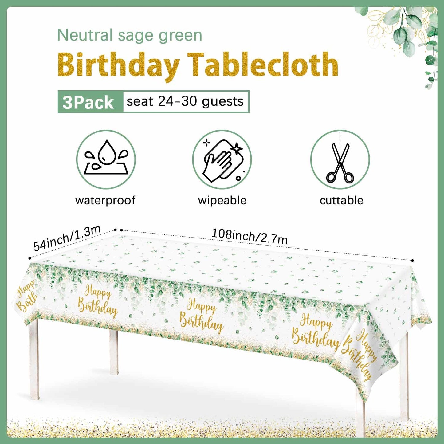 Lopeastar 3Pcs Neutral Sage Green Birthday Decorations Tablecloths, Glitter Gold Happy Birthday Table Cover, 54 x 108 Inch Large