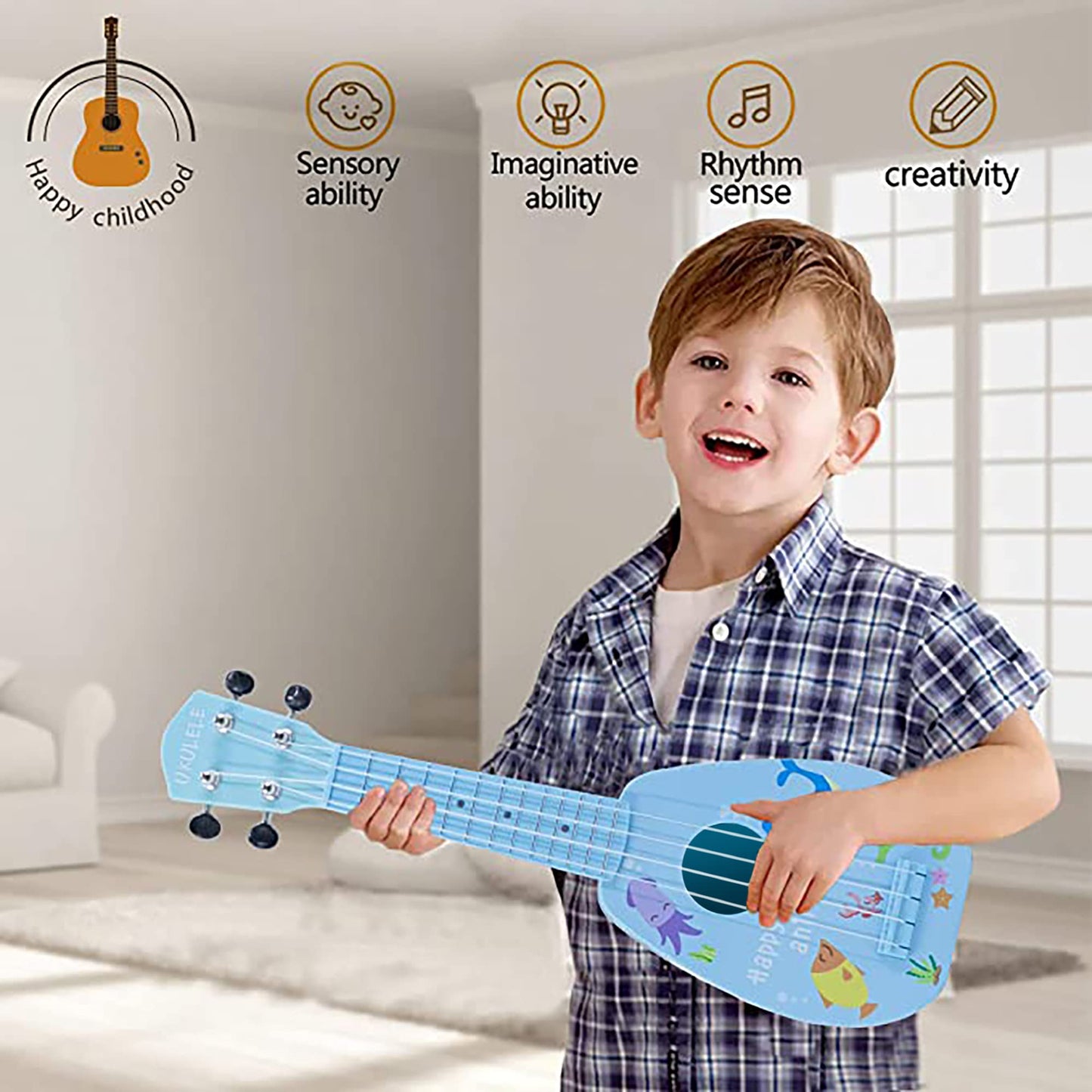 YOLOPLUS+ 17 Inch Kids Ukulele Guitar Toy - 4 Strings, Blue, ABS, Model ukulele-3, Educational Instrument for Toddlers