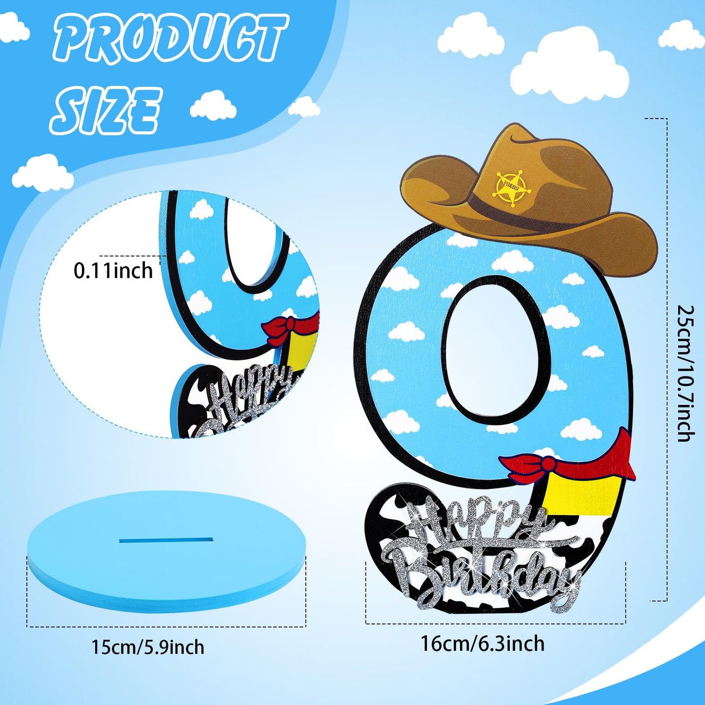 Vercraft Toy Theme 9th Birthday Party Number Centerpiece Cartoon Party Number Sign Blue Sky and White Cloud Cow Birthday Sign fo