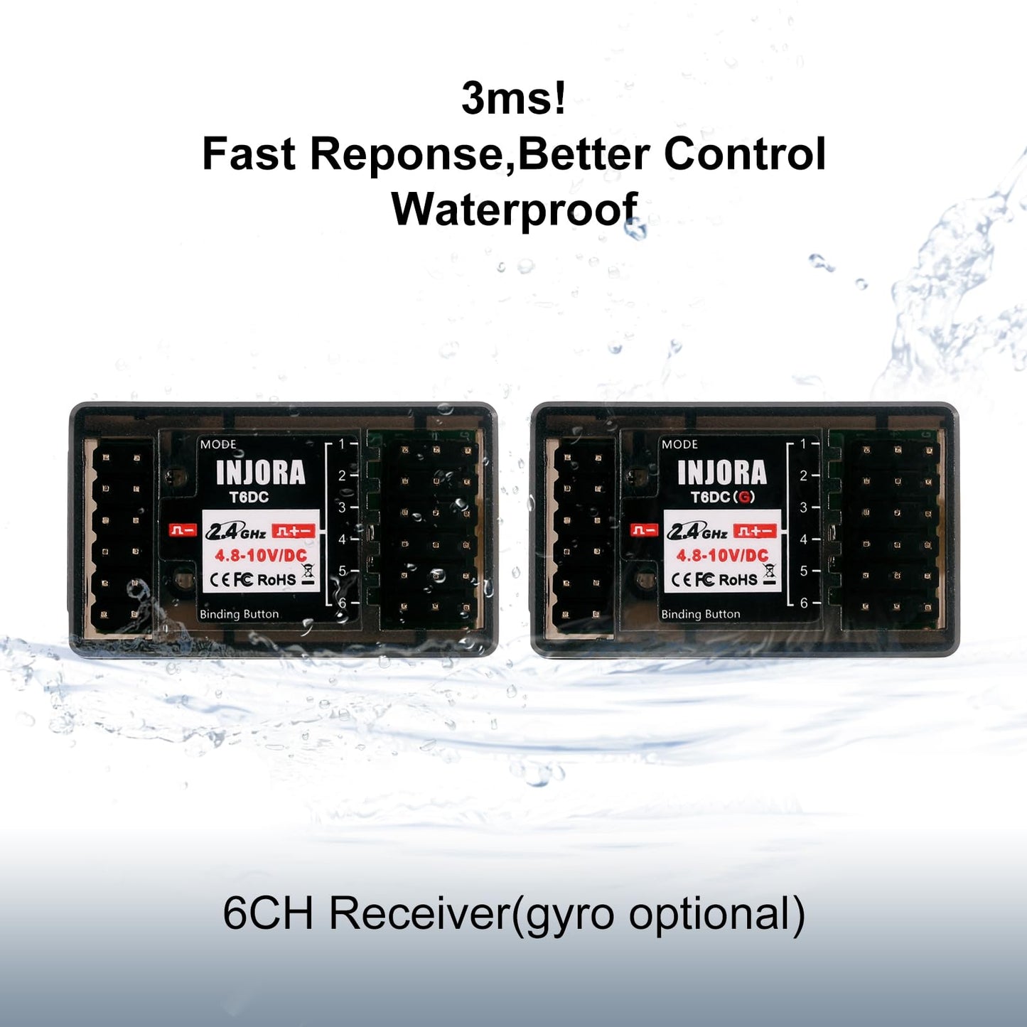 INJORA RC Transmitter 2.4GHz 6CH Controler and Receiver with Gyro Remote Inside Receiver for 1/8 1/10 RC Car Boat Tanks Crawler