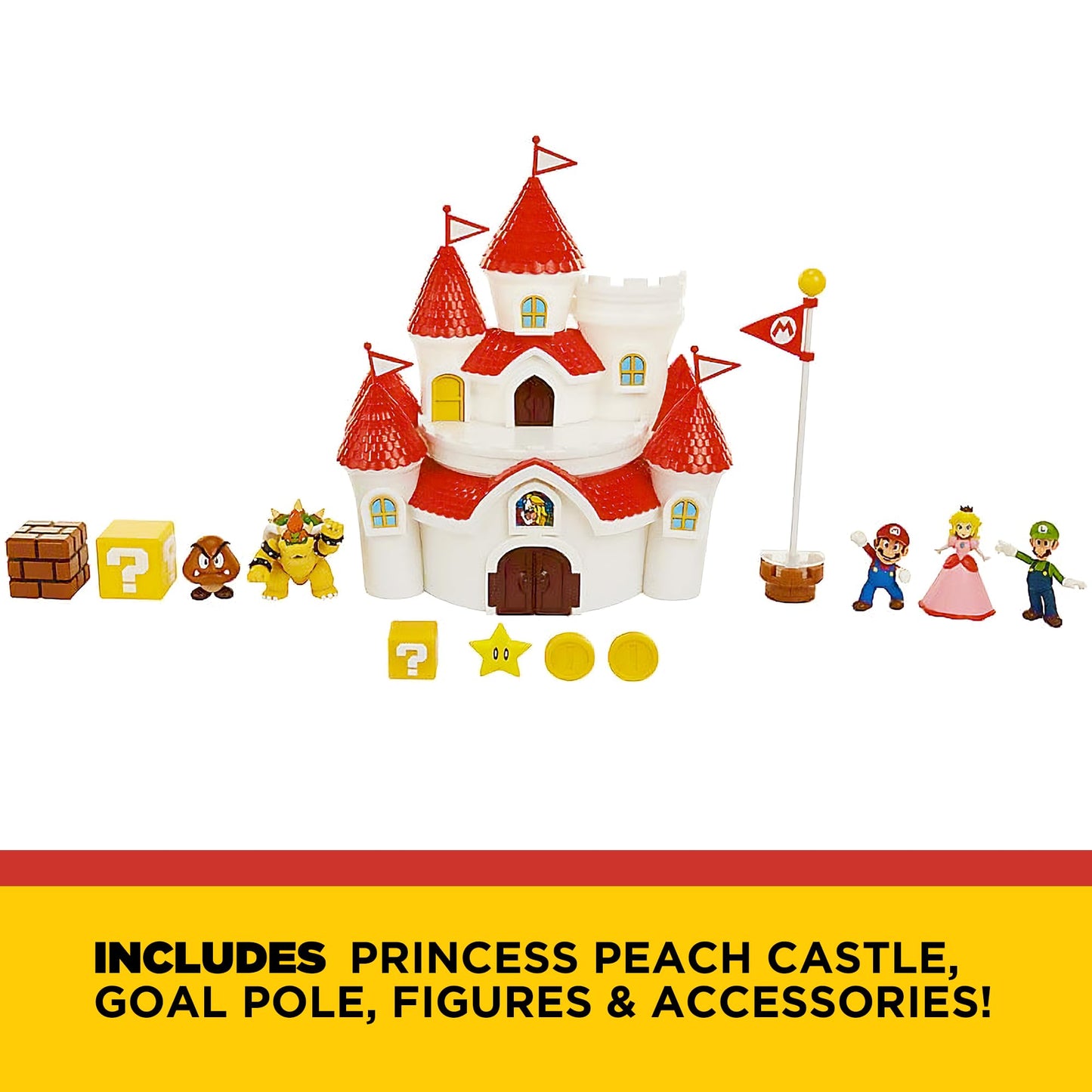 JAKKS Pacific Super Mario Deluxe Mushroom Kingdom Castle Playset with 5 Figures, 2.5" Size, Plastic, Model 70843-1-SOC