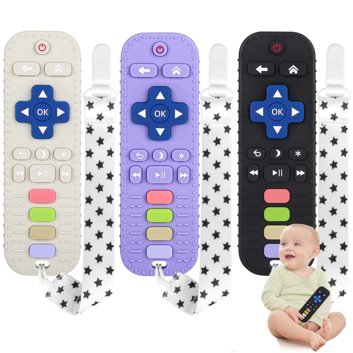 Chuya Silicone Baby Teether Chew Toy For Babies 0-6 Months 3-24 Months, Teething Relief Baby Toys For Infants Remote Control Shape (3 Pack)