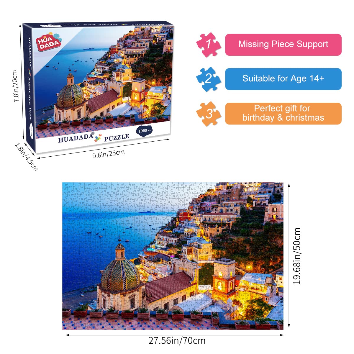 Jigsaw Puzzle 1000 Piece - Dreamy Positano - Signature Collection Twilight Sea Sight Large Puzzle Game Artwork For Adults Teens