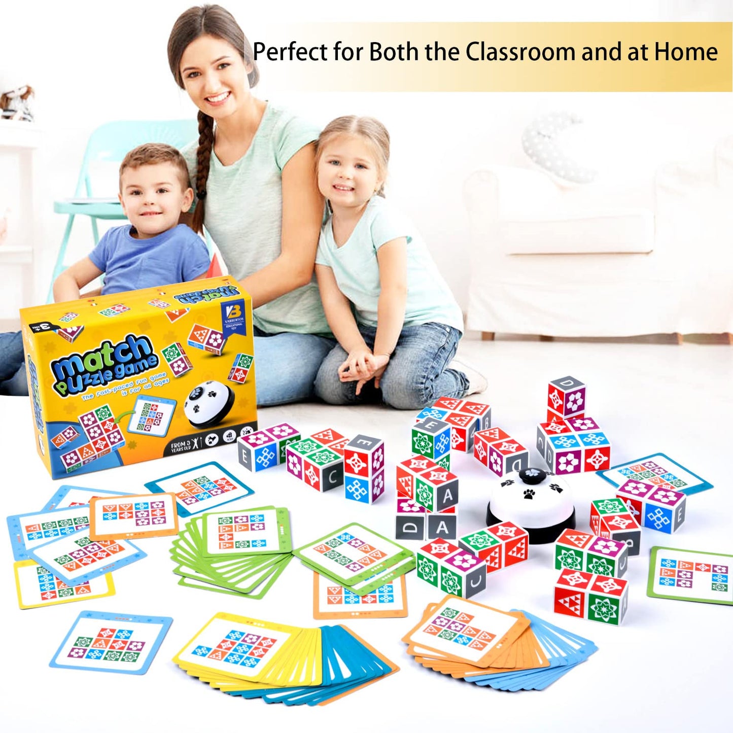 Varbertos Wooden Matching Game Puzzle 2.0 Games, Pattern Block Match Puzzles Building Cubes With Bell For Kids And Adults Toys Board Games For Family Night