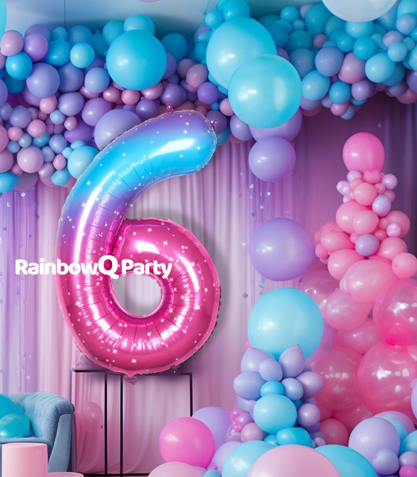 Rainbowq 6 Balloon Number 40 Inch For Boy Or Girl Big Starry 0-9 Foil Mylar Large 6 Number Balloon Happy 6Th Birthday Party Anni