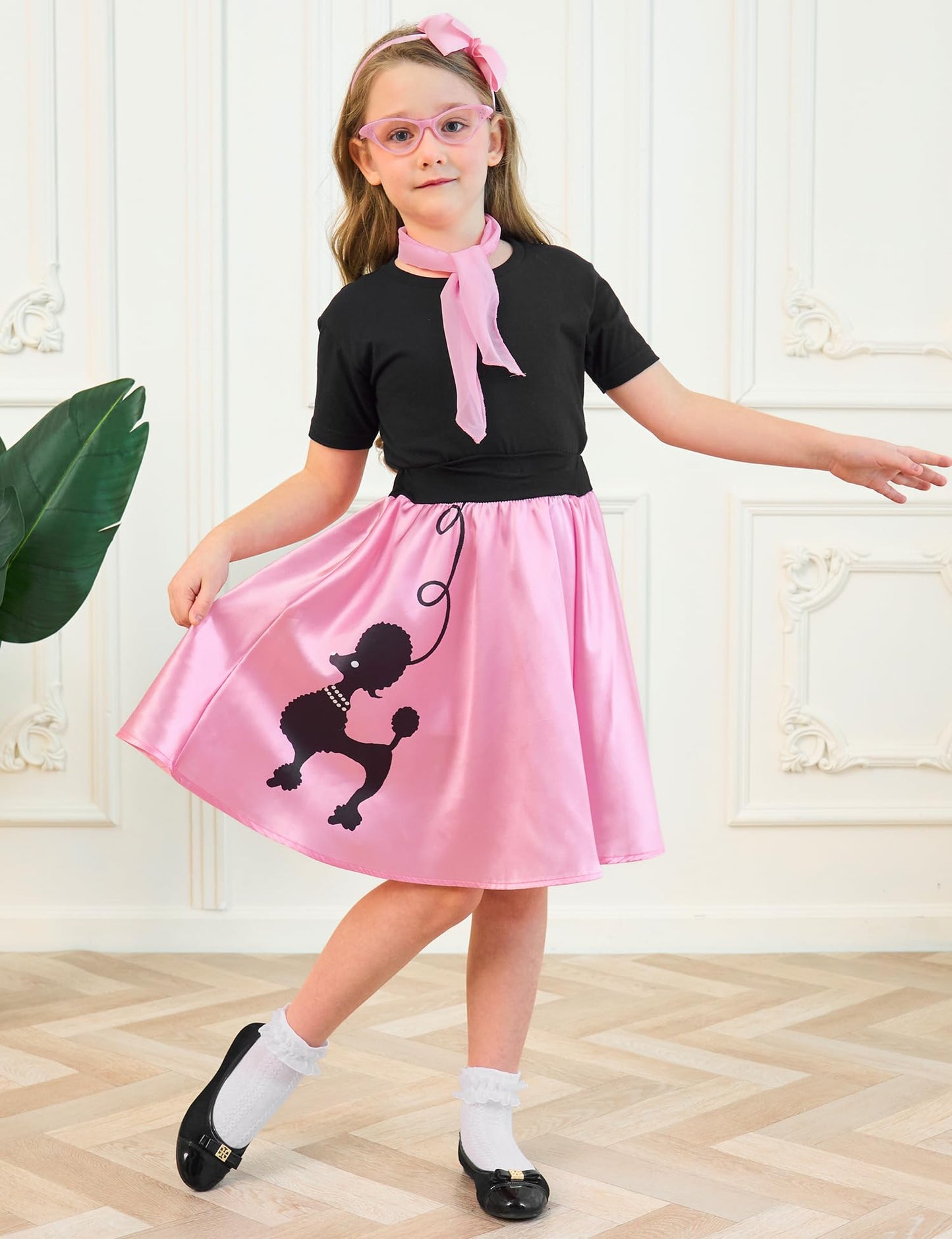 APRROOT Poodle Skirt for Girls 50s Outfit Kids Halloween Costume 2025 Sock Hop Outfit with Headbands, Glasses, Scarves 4-6Y Pink