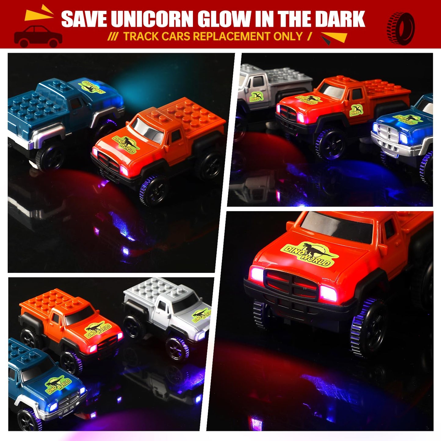 Save Unicorn Tracks Cars Only Replacement,Track Cars For Tracks Glow In The Dark, Car Tracks Accessories With 3 Flashing Led Lights, Compatible With Most Car Tracks For Kids Boys And Girl(3Pack)