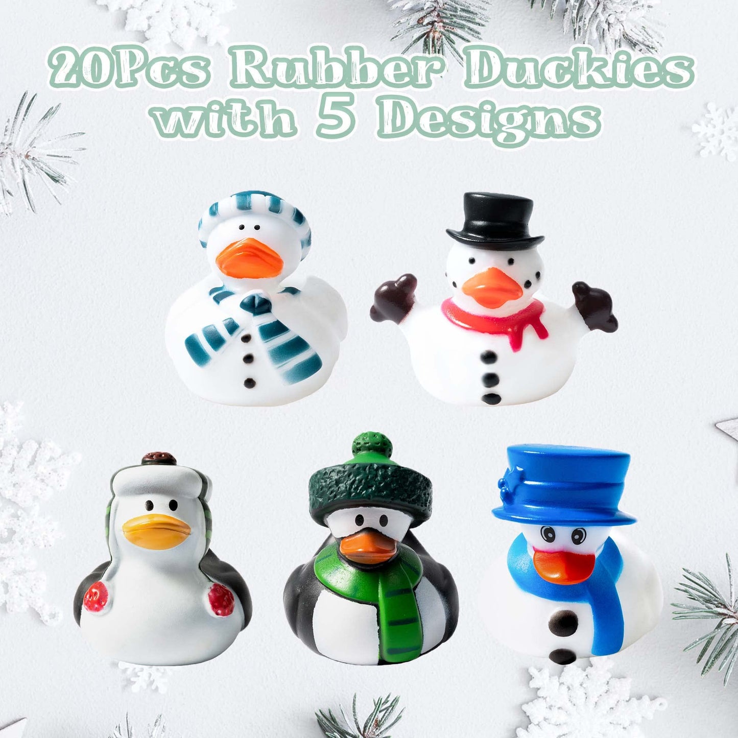 Haooryx Winter Rubber Duckies Toys - 20Pcs Fancy Novelty Christmas Snowman Elk Navy Christmas Ducky Decor for Kids Birthday Gift