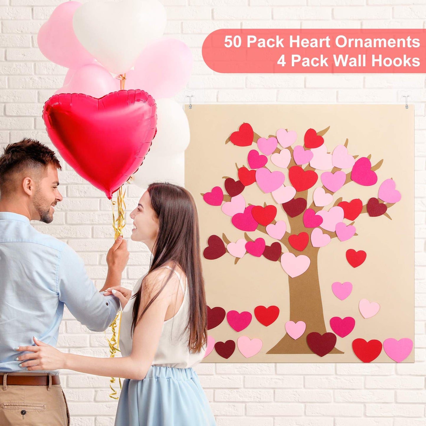 Boao 50 Pieces Detachable Heart Ornaments DIY Felt Valentine Tree Set with 4 Transparent Wall Hooks Valentines Day Hanging Deco