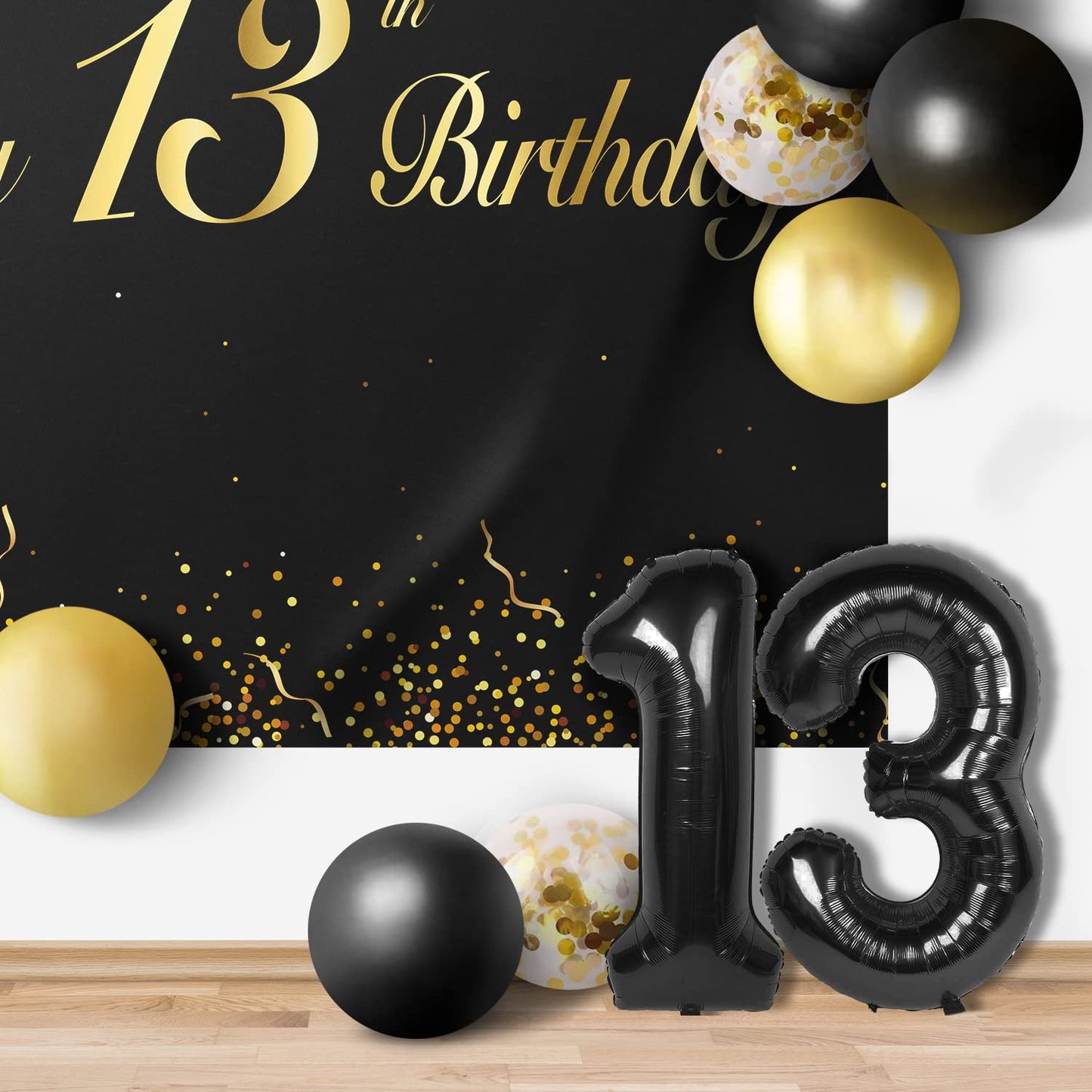Happy 13Th Birthday Balloons Black Set Decor - Cheers To 13 Years Old Party Theme Garland Banner Backdrop Decorations For Boy An