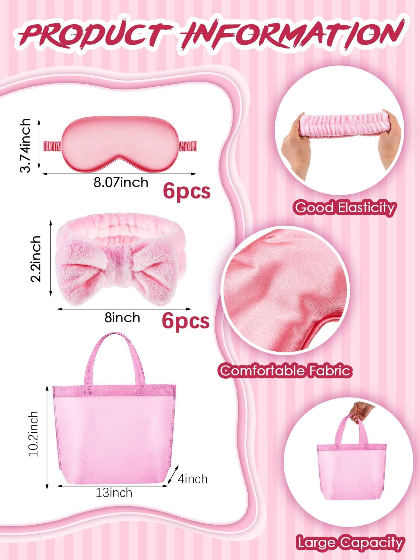 Sintuff 24 Pcs Sleepover Party Supplies For Girls 6 Spa Party Robes 6 Tote Bags 6 Headbands 6 Spa Masks(Size 10,Pink)