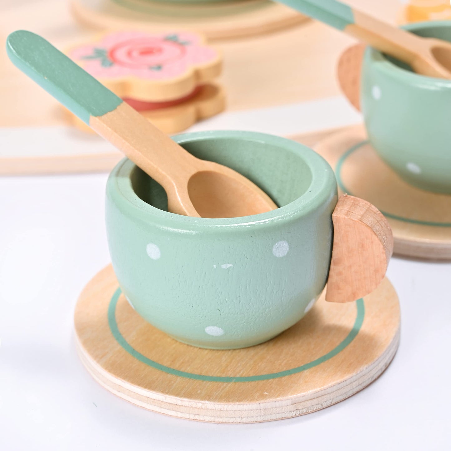 15pcs Wooden Tea Set for Little Girls, MONT PLEASANT Wooden Toys, Toddler Tea Set Play Kitchen Accessories Play Food playset for