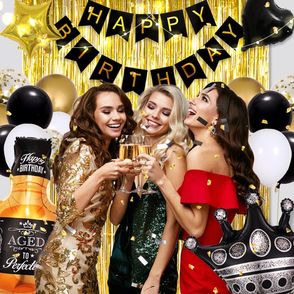 Msmancy Black And Gold Birthday Decorations For Women Men 53Pcs With Happy Birthday Banner Curtains Bottle Crown Heart Star Led