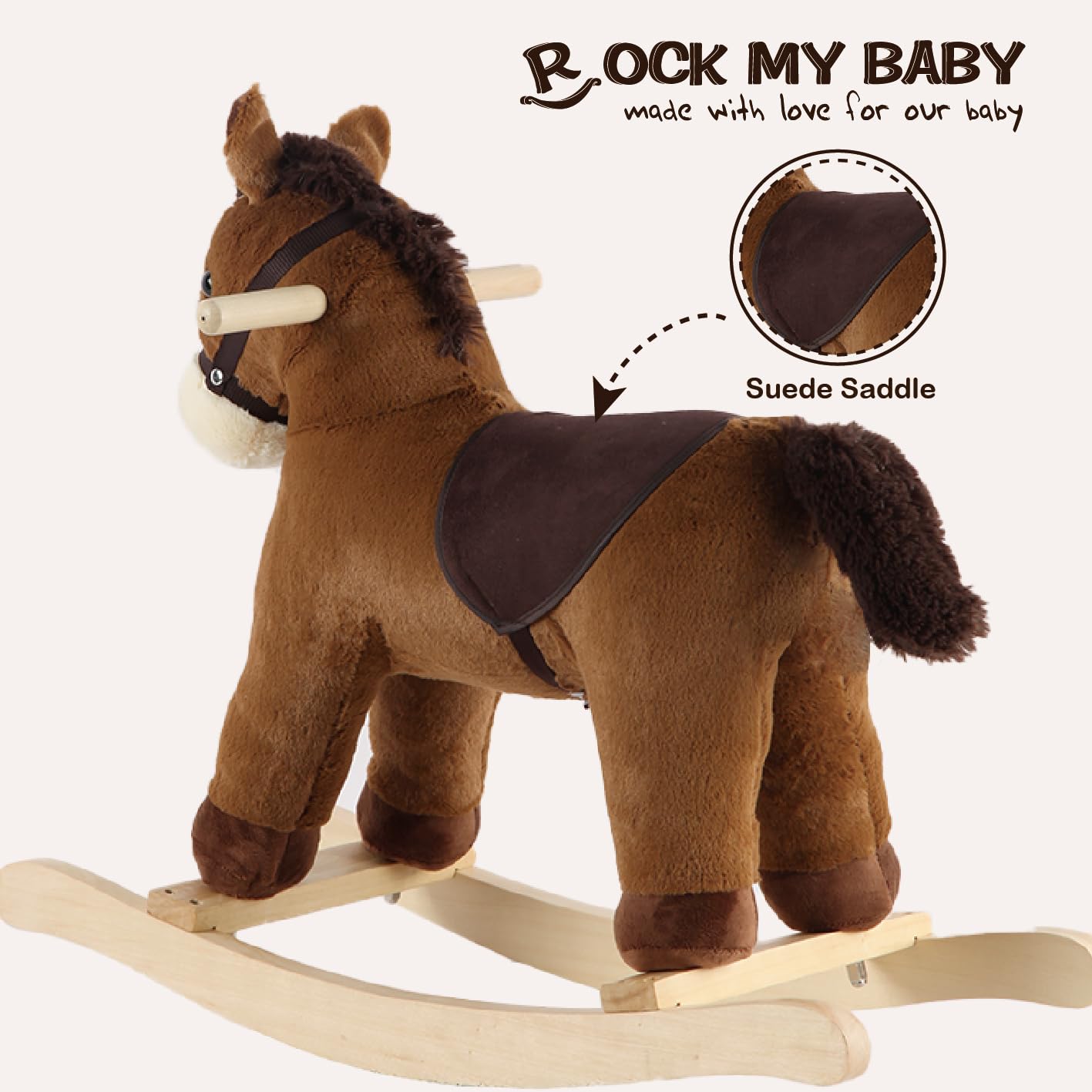 ROCK MY BABY Rocking Horse Toy, Plush Dark Brown, Large Size, Realistic Sound, CPC Certified for Toddlers 18M+