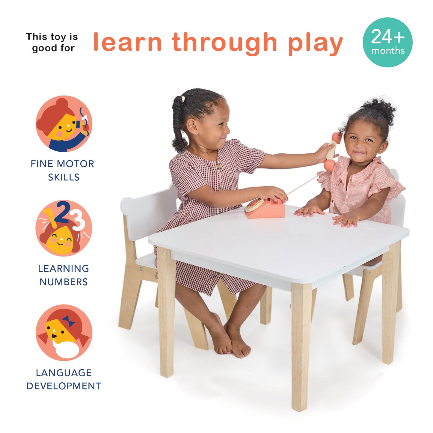 Mentari Toys - Ring Ring Telephone - Solid Wood Retro Chorded Dial Phone for Toddlers - Pretend Play Toy Telephone - Boost Commu