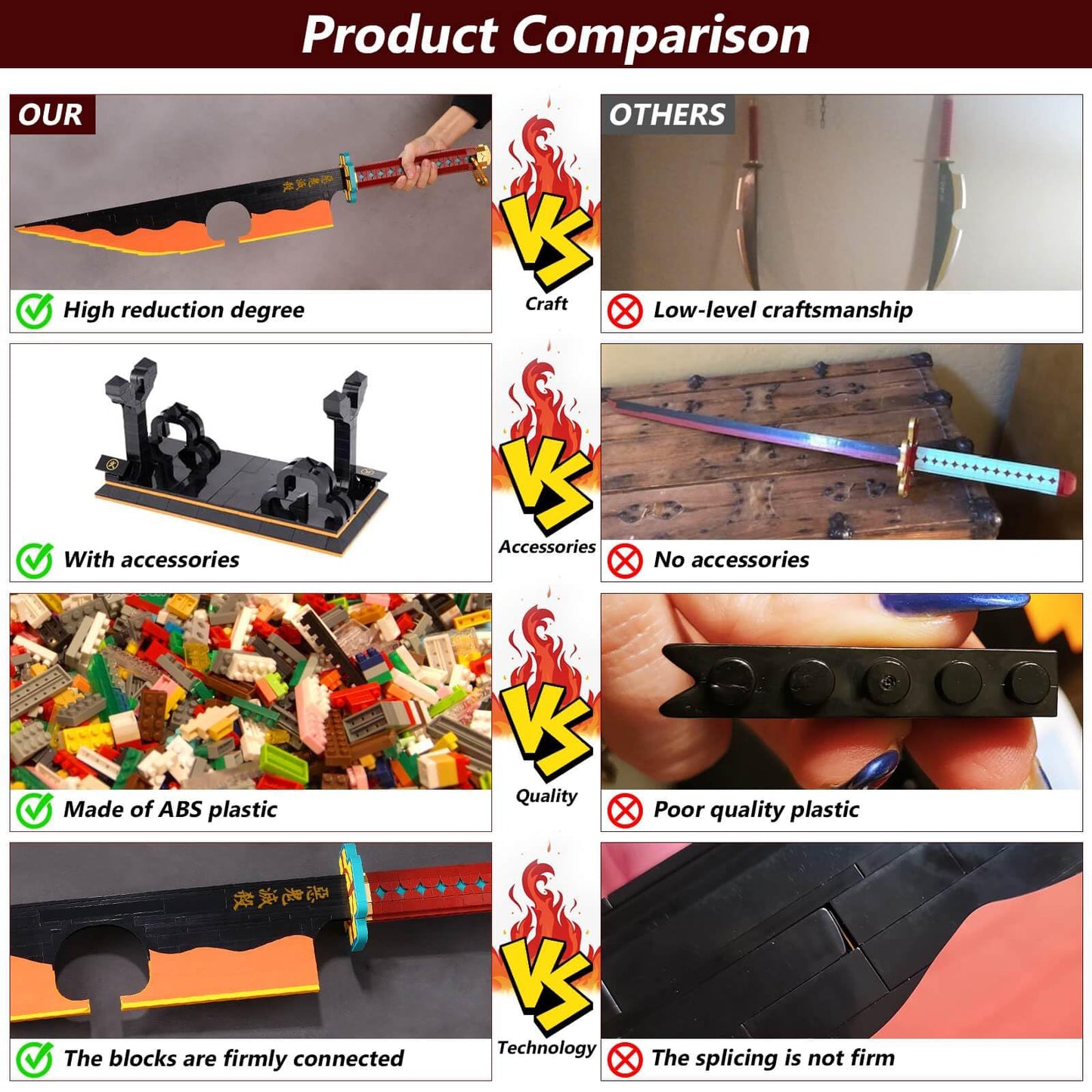 HIGH GODO Demon Slayer decorative replica blade Building Set  82.6in Katana Anime Cosplay decorative replica blade with Stand Holder  Samurai decorative replica blade Building Set for mature-themeds and Kid 8+(1479 Pieces)