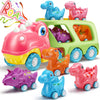 Dinosaur Car Toy for Toddler Girl, Dino Carrier Truck with 4 Mini Cartoon Pull Back Cars with Realistic Lights and Sounds, Pink