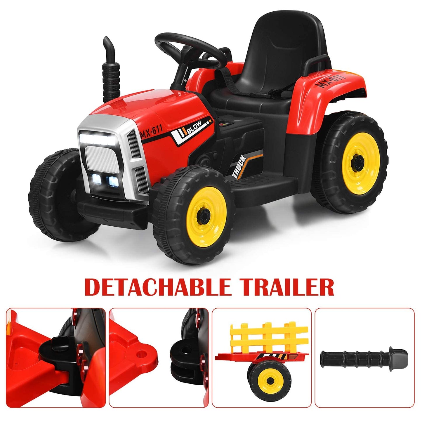 Costzon Ride On Tractor With Detachable Trailer, 12V Kids' Electric Vehicles W/3-Gear-Shift Ground Loader, Wireless Design & Usb, 7 Led Headlights, Remote Control Tractor Toys For Kids 3+ (Red)