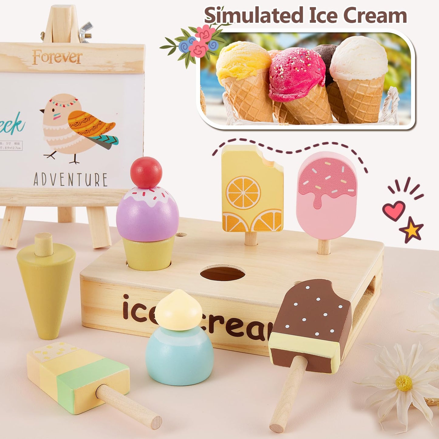 HERSITY Wooden Ice Cream Stand for Kids, Ice Cream Popsicle Toy Pretend Play Food Kitchen Accessories Playset Ice Lolly Shop Gam