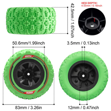 GOUPRC 12mm Hex RC Wheel Tires Set, 3.26 * 1.67 Inches 4PCS Swamp Claw Mud Terrain Tires Accessories for 1/14 1/16 RC Car Crawle