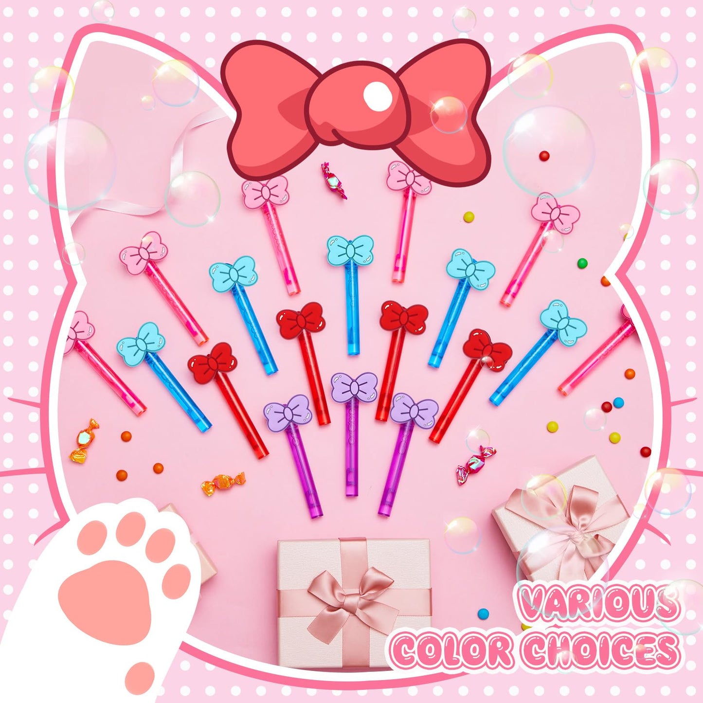 RoundFunny 24 Pcs Bow Mini Bubble Wands Kitty Themed Party Kawaii Bubbles Sticks Wands for Cute Cartoon Bow Kitten Cat Theme Bir