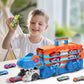 TERRAMUS Dinosaur Transport Truck Car Toy for Kids - 3 in 1 Ejection Folding Track Toys w/Sound, Portable Truck with 8 Race Cars