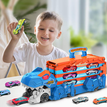 TERRAMUS Dinosaur Transport Truck Car Toy for Kids - 3 in 1 Ejection Folding Track Toys w/Sound, Portable Truck with 8 Race Cars