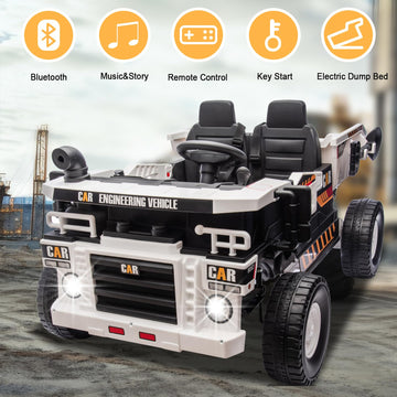 POSTACK 24V 8Ah Ride on Dump Truck with Electric Dump Bed, Ride on Construction Vehicle, 4WD Kids Electric Car with Remote Contr