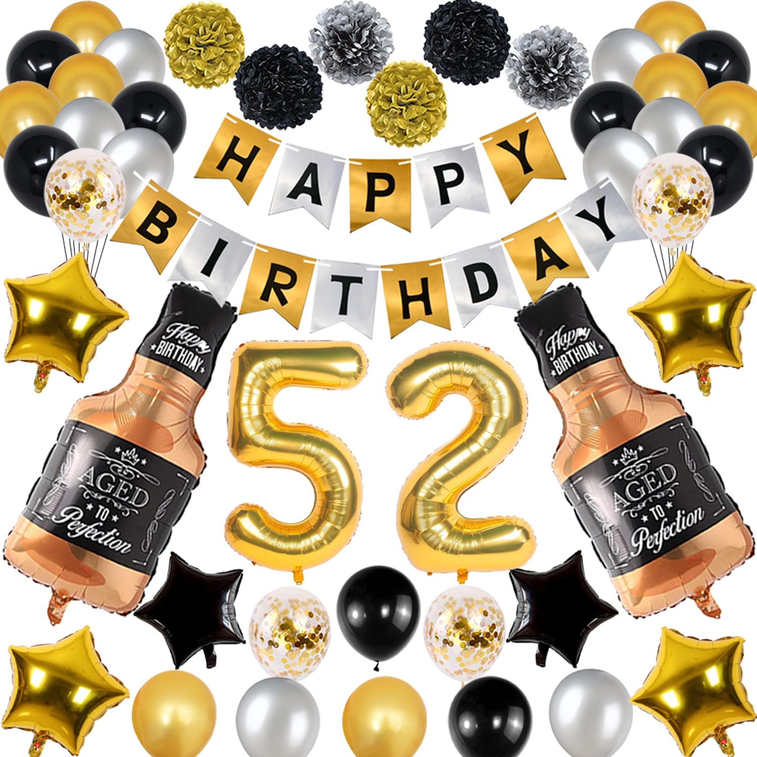 52nd Gold Lettering Naninuneno 52Nd Gold Birthday Decorations, Gold Black Silver Happy Bir ...