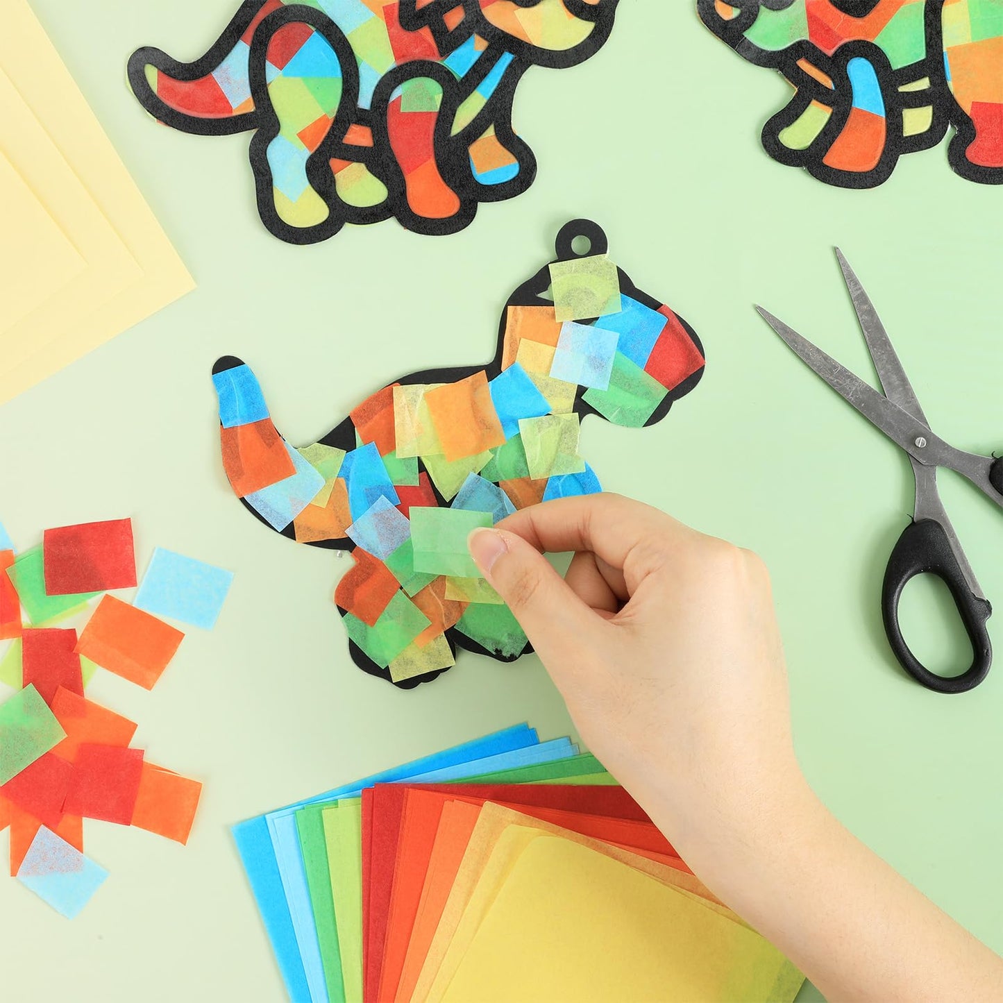 Qyeahkj 36 Set Dinosaur Suncatchers Crafts for Kids DIY Dinosaur Tissue Paper Crafts Window Stained Glass Effect Dino Hanging De