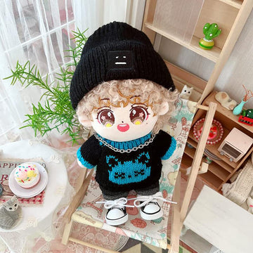 Niannyyhouse 20Cm Plush Doll Clothes Hat Kitten Sweater Flanging Jeans Kpop Doll Clothing (Black+Blue)