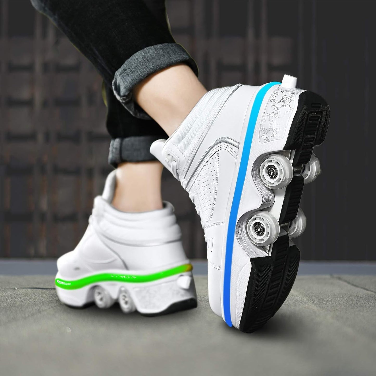 Wedsf Double-Row Deform Wheel Walking Shoes, US8.5, Ethylene Vinyl Acetate, With Light, 2-in-1 Removable Pulley Skates