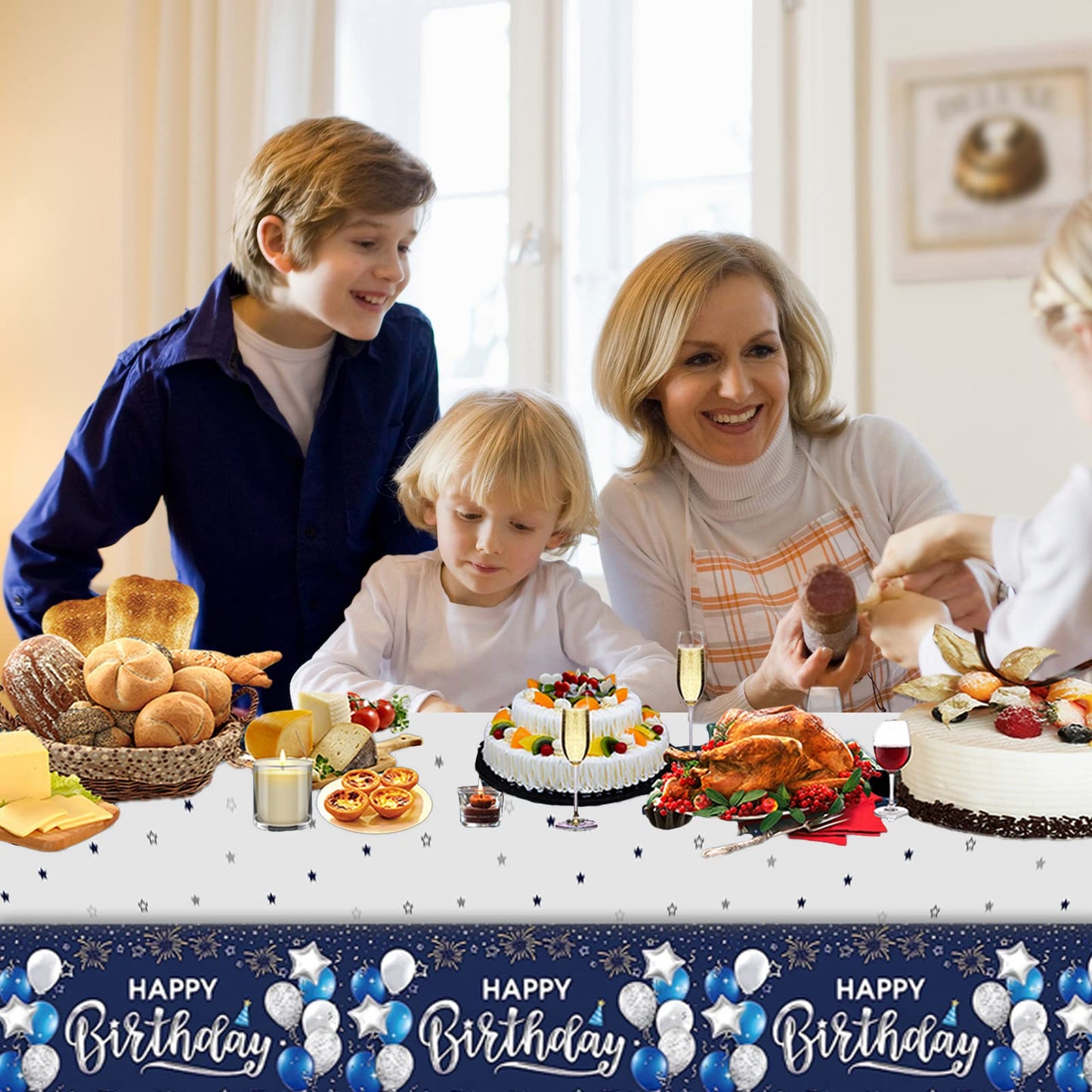 Kesfey Happy Birthday Tablecloths 3 Packs Navy Blue and Silver Birthday Tablecover 54 x 108 Inch Print Firework,Balloon Waterpro