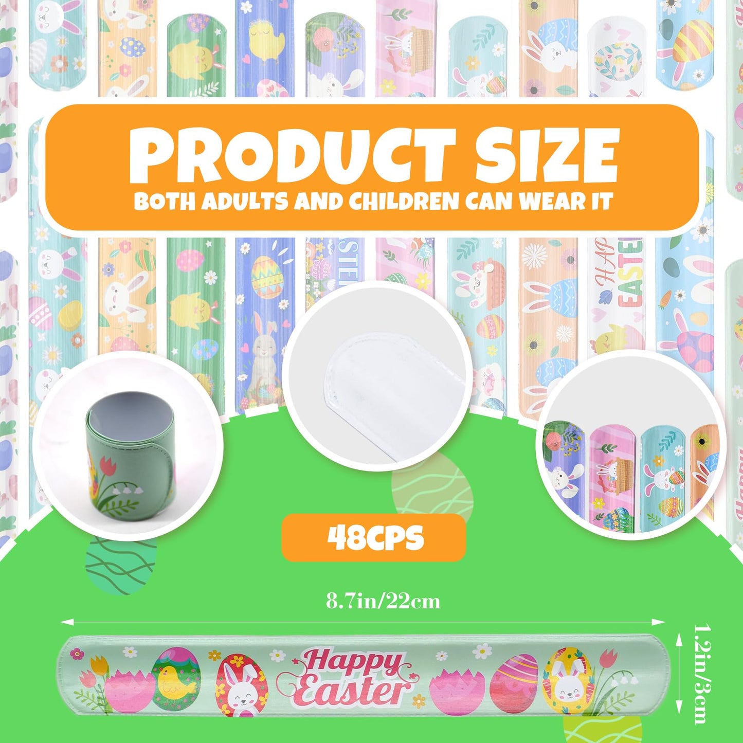 48 Pieces Easter Slap Bracelets Bulk Party Favors for Kids - 12 Designs Spring and Easter Themed Snap Bands, Classroom Exchanges