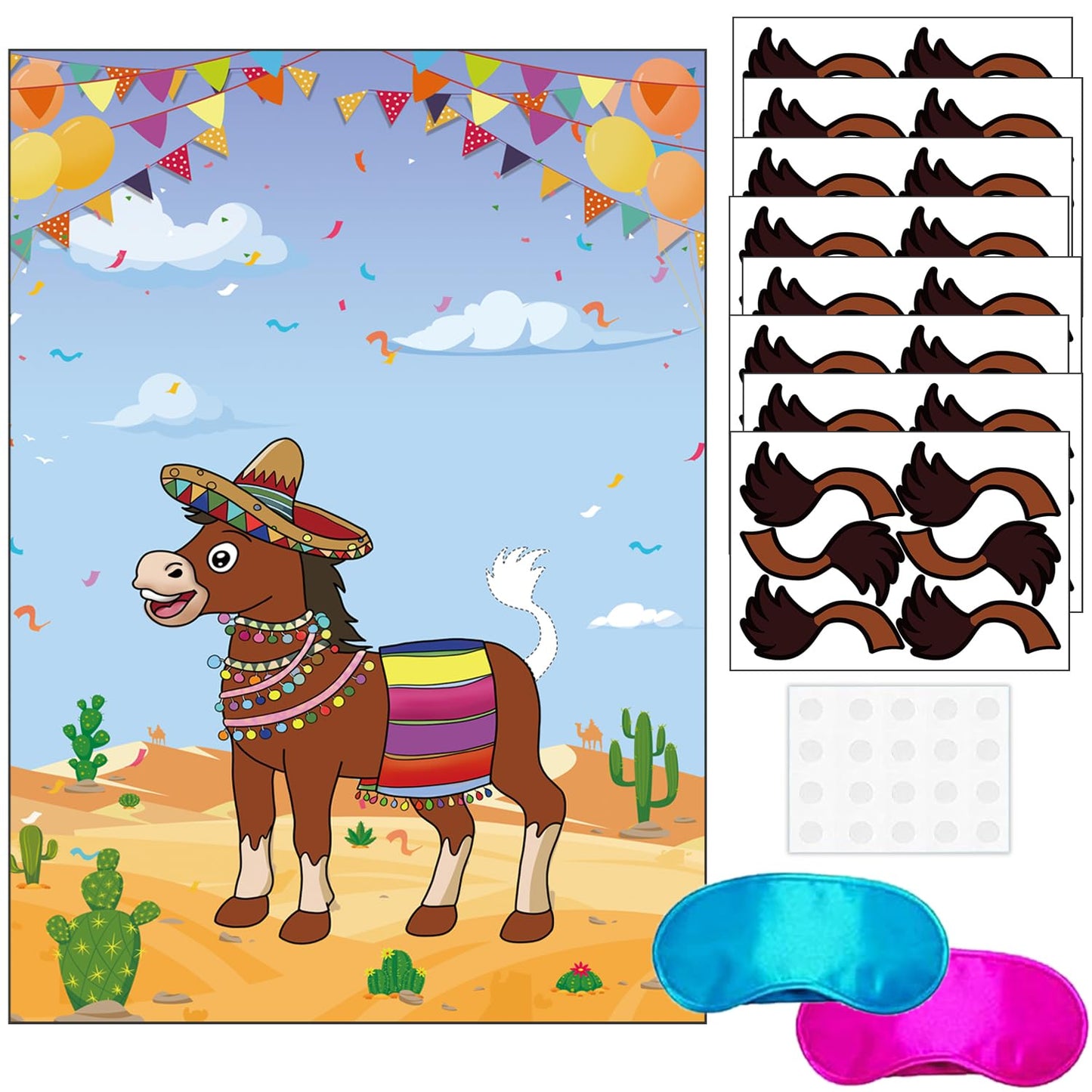 T-Antrix Pin The Tail On The Donkey Party Games For Kids With 21'' X 28'' Mexican Donkey Poster, Reusable Tails Party Supplies F