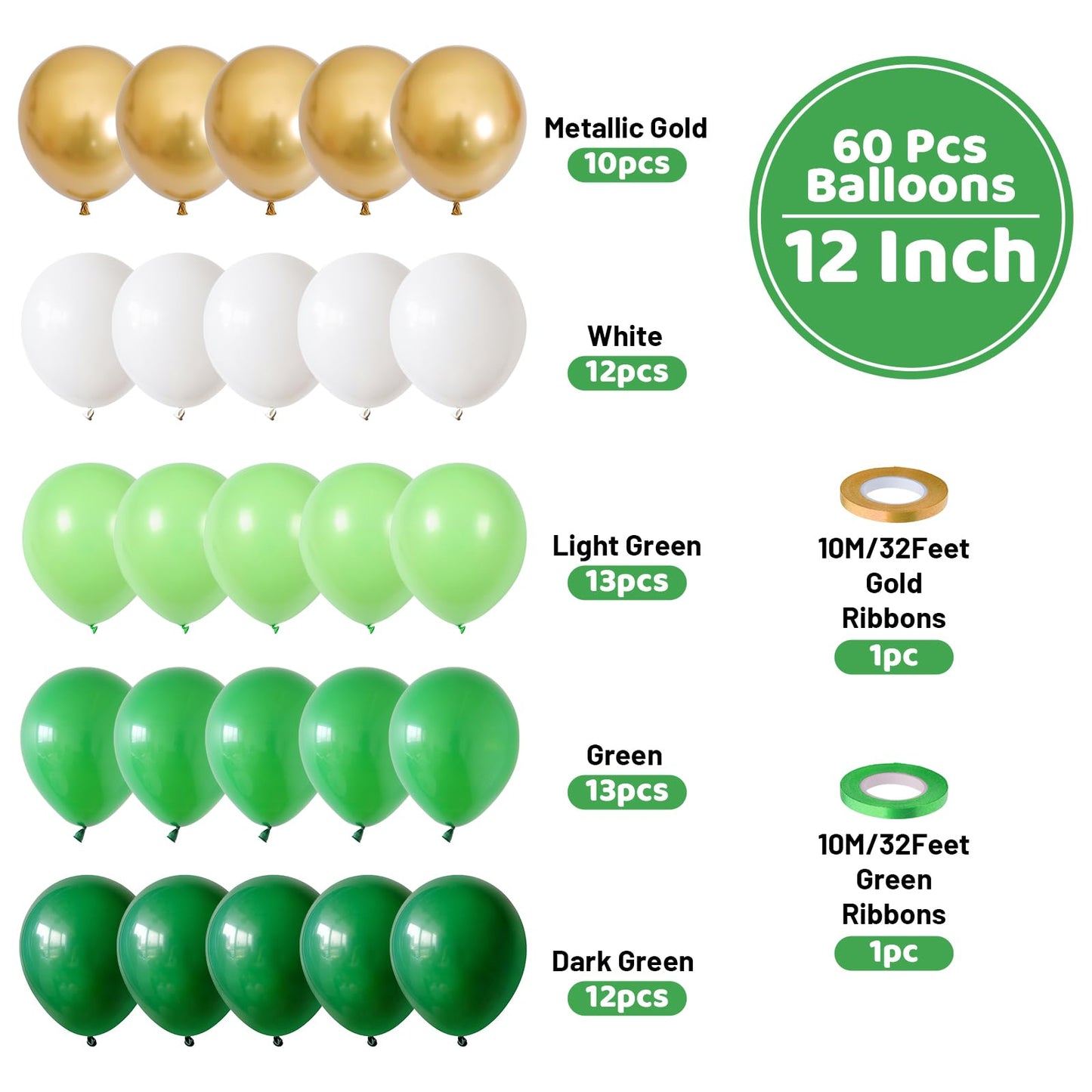 Funhot Green Balloons Set, 60 Pcs Green Gold White Balloons, 12 Inch Dark Green Emerald Green Lime Green Metallic Gold Latex Bal