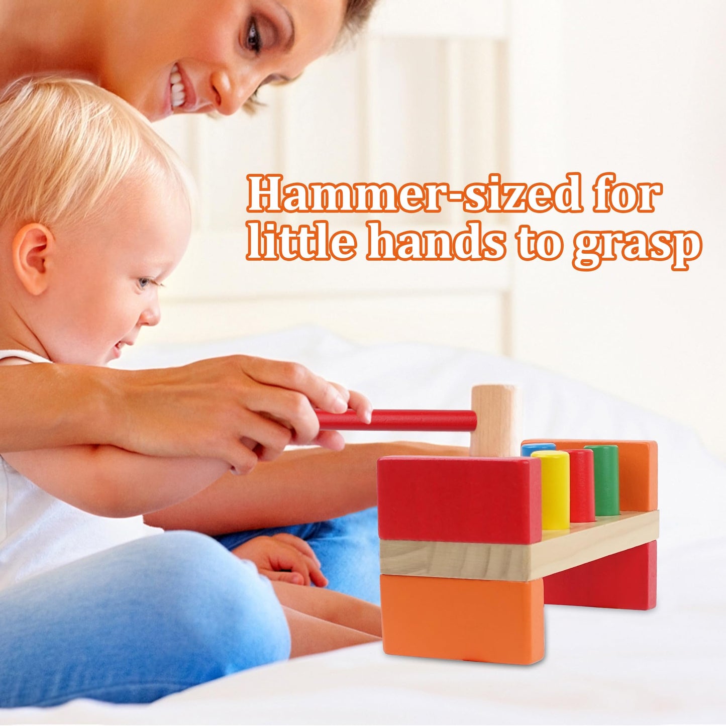Hidoggy Wooden Hammer Toy For Toddlers 1-3, Montessori Pounding Bench Toy With 8 Pegs And Mallet For Hand-Eye Coordination, Stea
