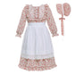 Vibsion Girls Pioneer Prairie Costume Pilgrim Dress Kids Floral Colonial Village Girl Costumes Bonnet Apron Set 3Pcs S