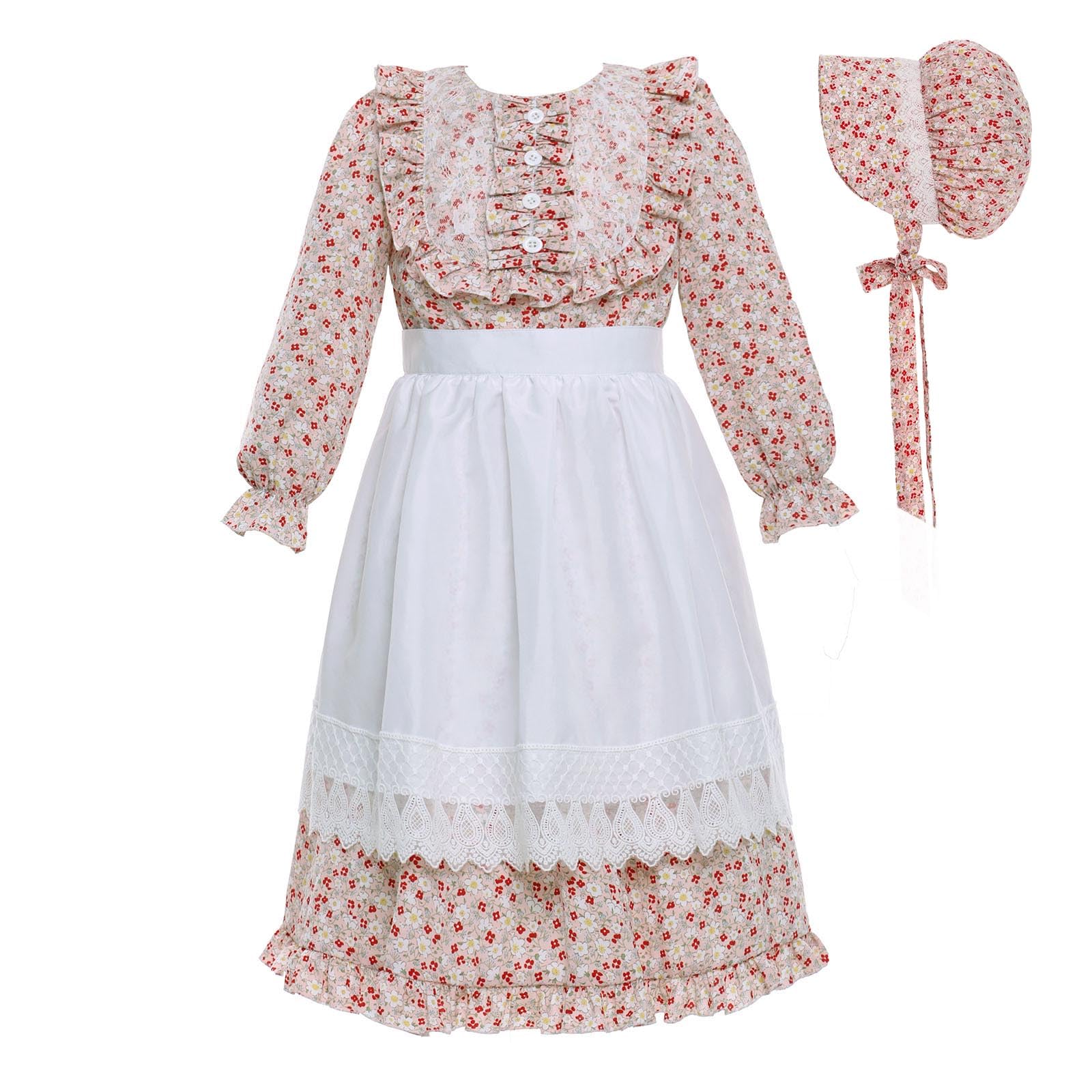Vibsion Girls Pioneer Prairie Costume Pilgrim Dress Kids Floral Colonial Village Girl Costumes Bonnet Apron Set 3Pcs S