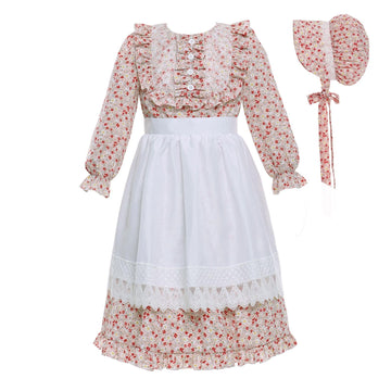 Vibsion Girls Pioneer Prairie Costume Pilgrim Dress Kids Floral Colonial Village Girl Costumes Bonnet Apron Set 3Pcs S
