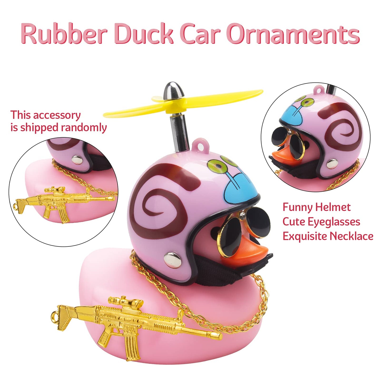 Wonuu Rubber Duck Car Ornaments Pink Duck Car Dashboard Decorations Set With Propeller Helmet, Sunglasses, And Gold Chain. (W-Pink-Snail)