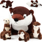 Poen 5 Pcs River Otter Stuffed Animals Set 22 Inch Mommy Otter Plush With 4 Cute Babies In Belly Soft Cuddly Zippered River Outt