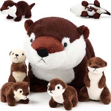 Poen 5 Pcs River Otter Stuffed Animals Set 22 Inch Mommy Otter Plush With 4 Cute Babies In Belly Soft Cuddly Zippered River Outt