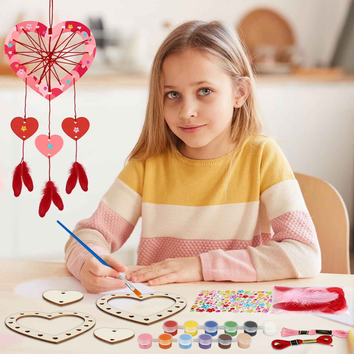 Fennoral 6 Pack Heart Dream Catcher Craft Kit For Kids Paint You Own Love Heart Dream Catcher Diy Coloring Mother'S Day Wooden A